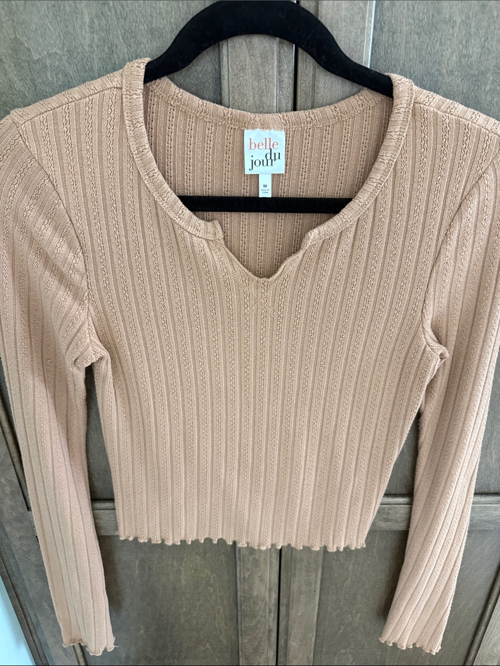 Belle Du Jour Ribbed Scallop-Edge Long Sleeve Top - Tan